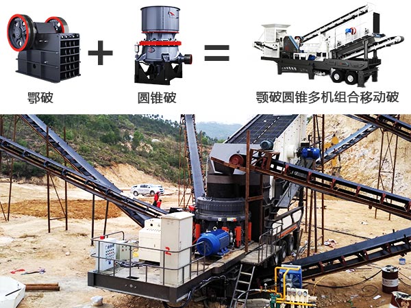 顎破圓錐多機(jī)組合移動破碎站及其作業(yè)現(xiàn)場